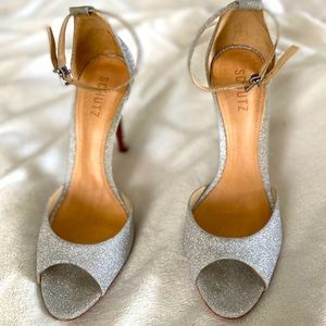 Schutz SASHA LEE Sandal Silver Peep Toe Ankle Strap Glitter Pumps